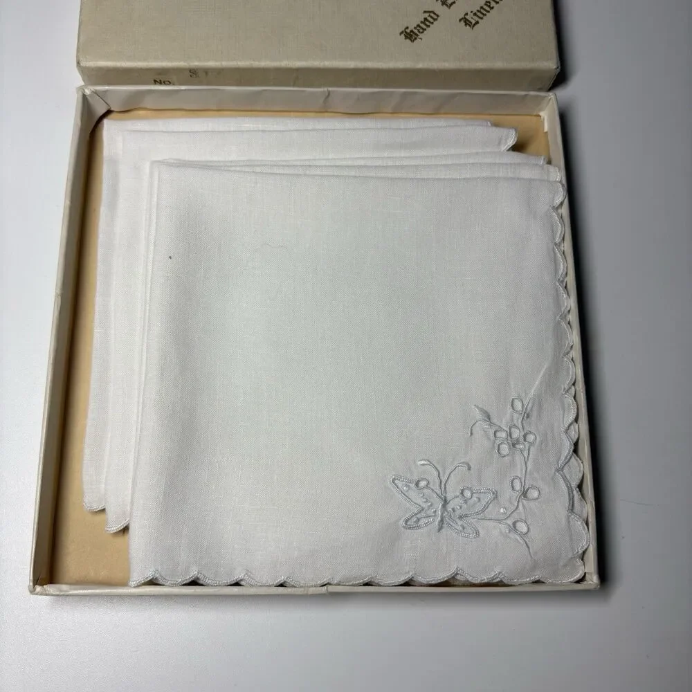 5 Vintage Tea Napkins White Hand Embroidered Butterfly Original Box Scalloped